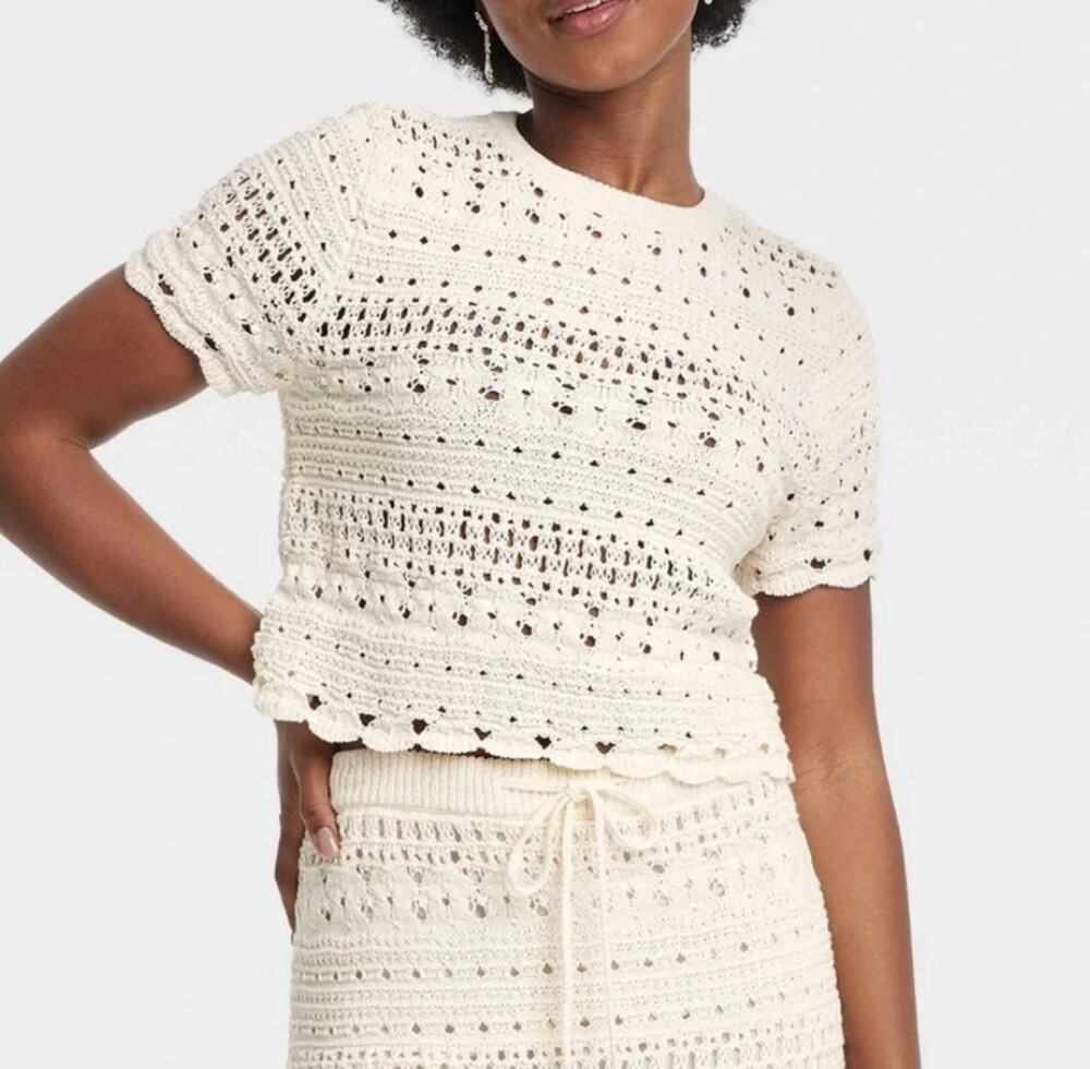 Universal Thread Crewneck Crochet Short Sleeve Sweater Top Cream Large